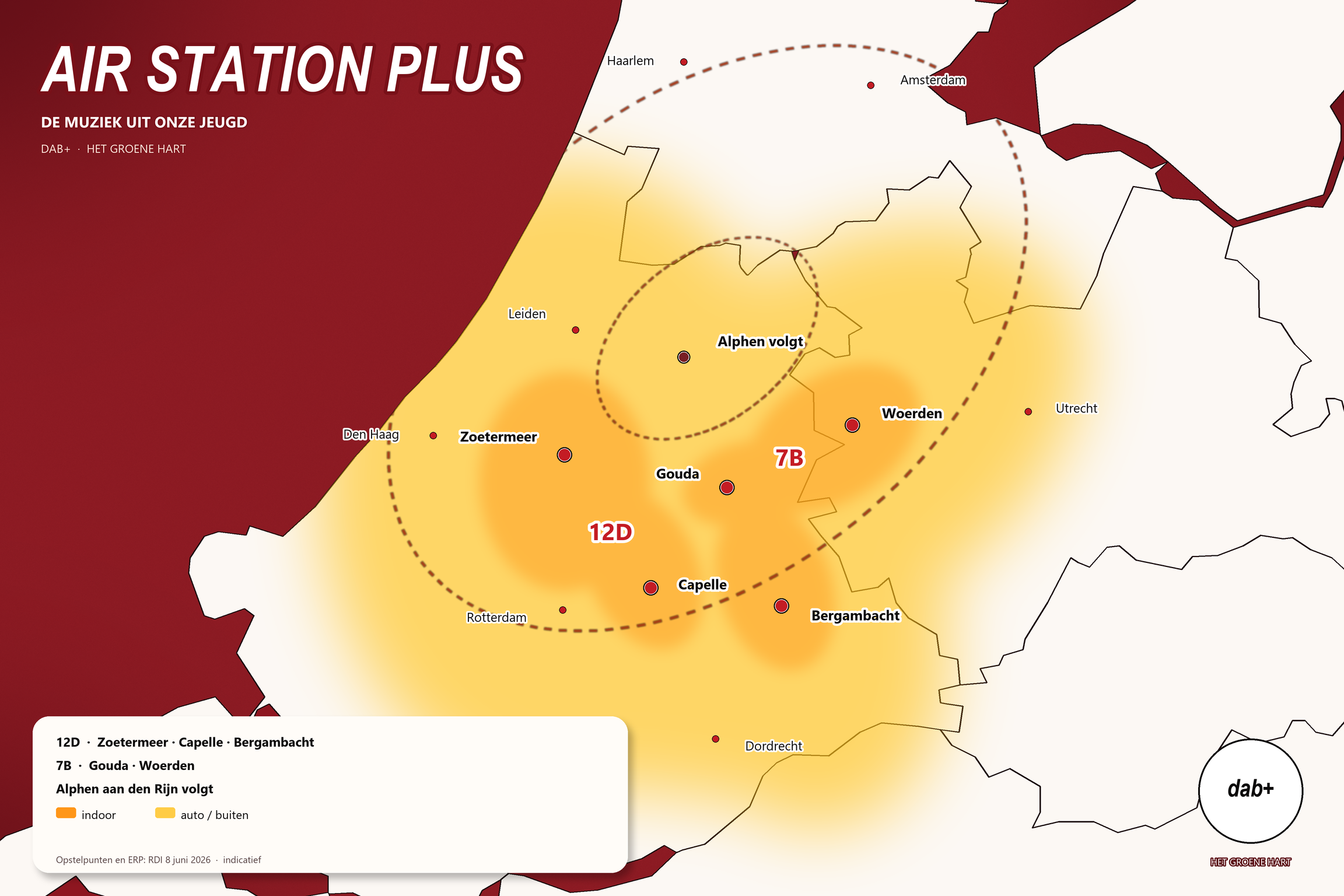 Kaart van zuidwest-Nederland met DAB+ dekking van Air Station Plus.